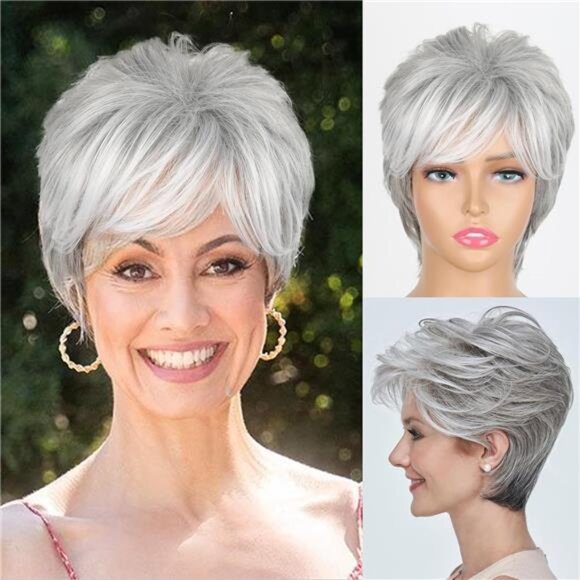 Grey Short Hair Wigs for White Women Silver Grey Short Curly Pixie Cut Wigs